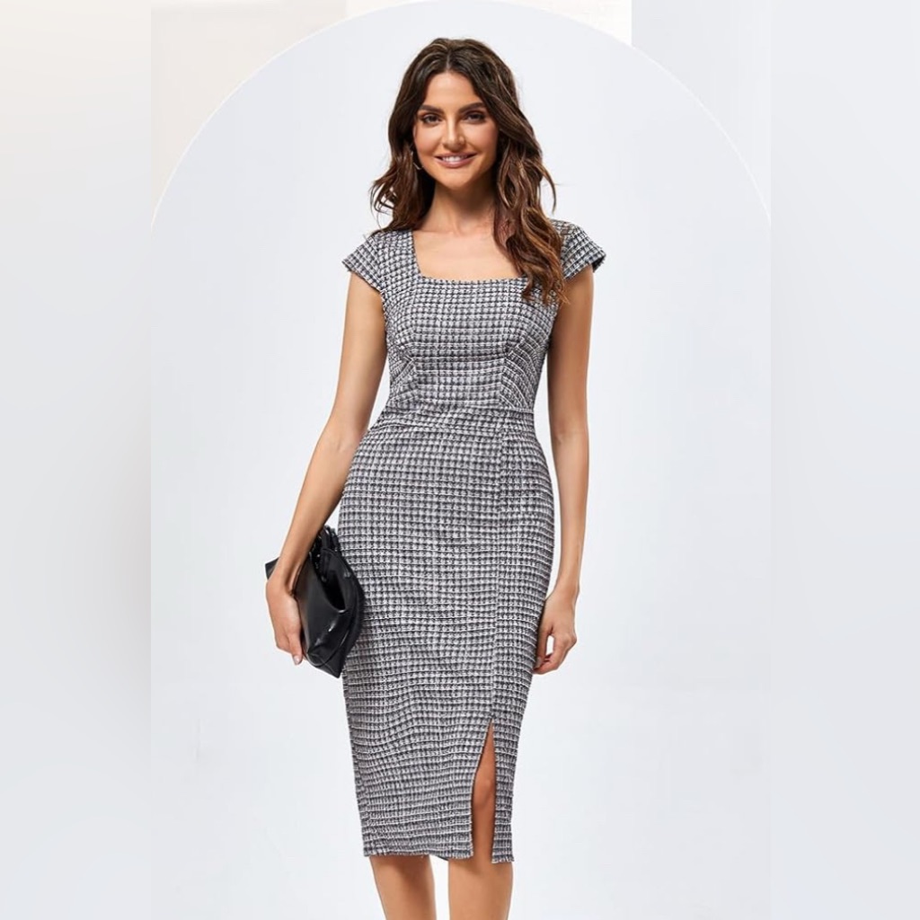 Vintage Style Square Neck Tweed Cap Sleeve Midi Dress
